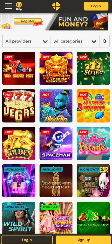 MiCasino: catálogo de juegos (versión móvil)
